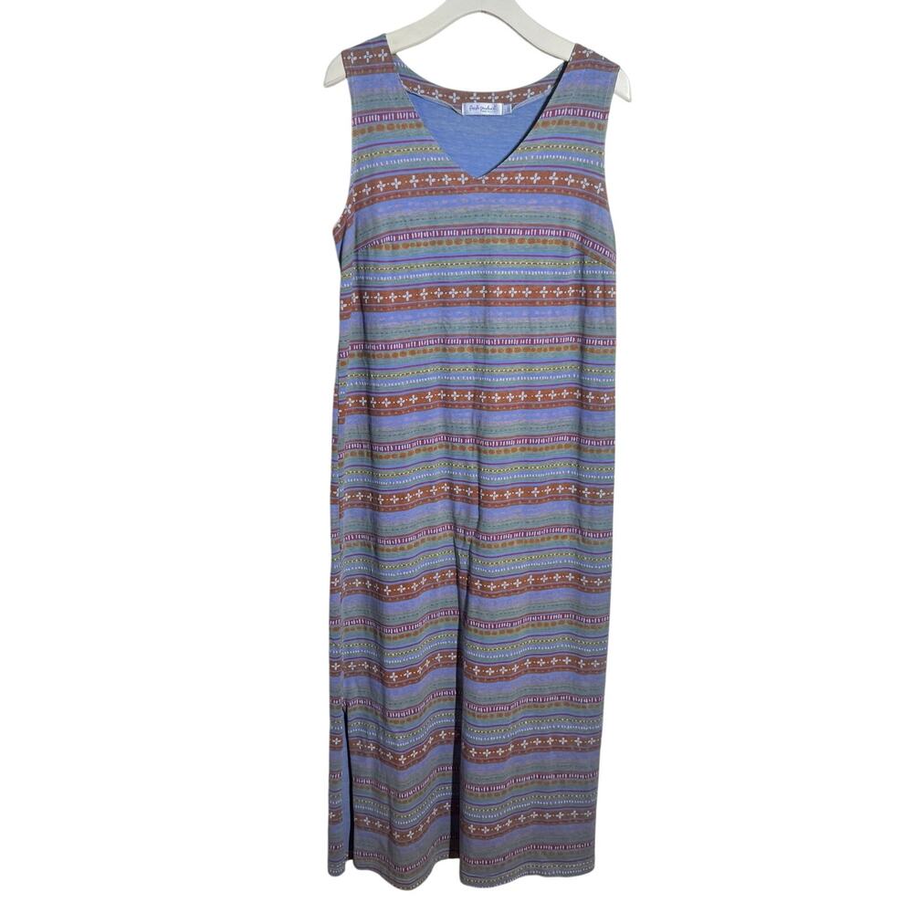 Fresh Produce Cotton Maxi Dress Women L Blue Sleeveless Coastal Boho Made in USA